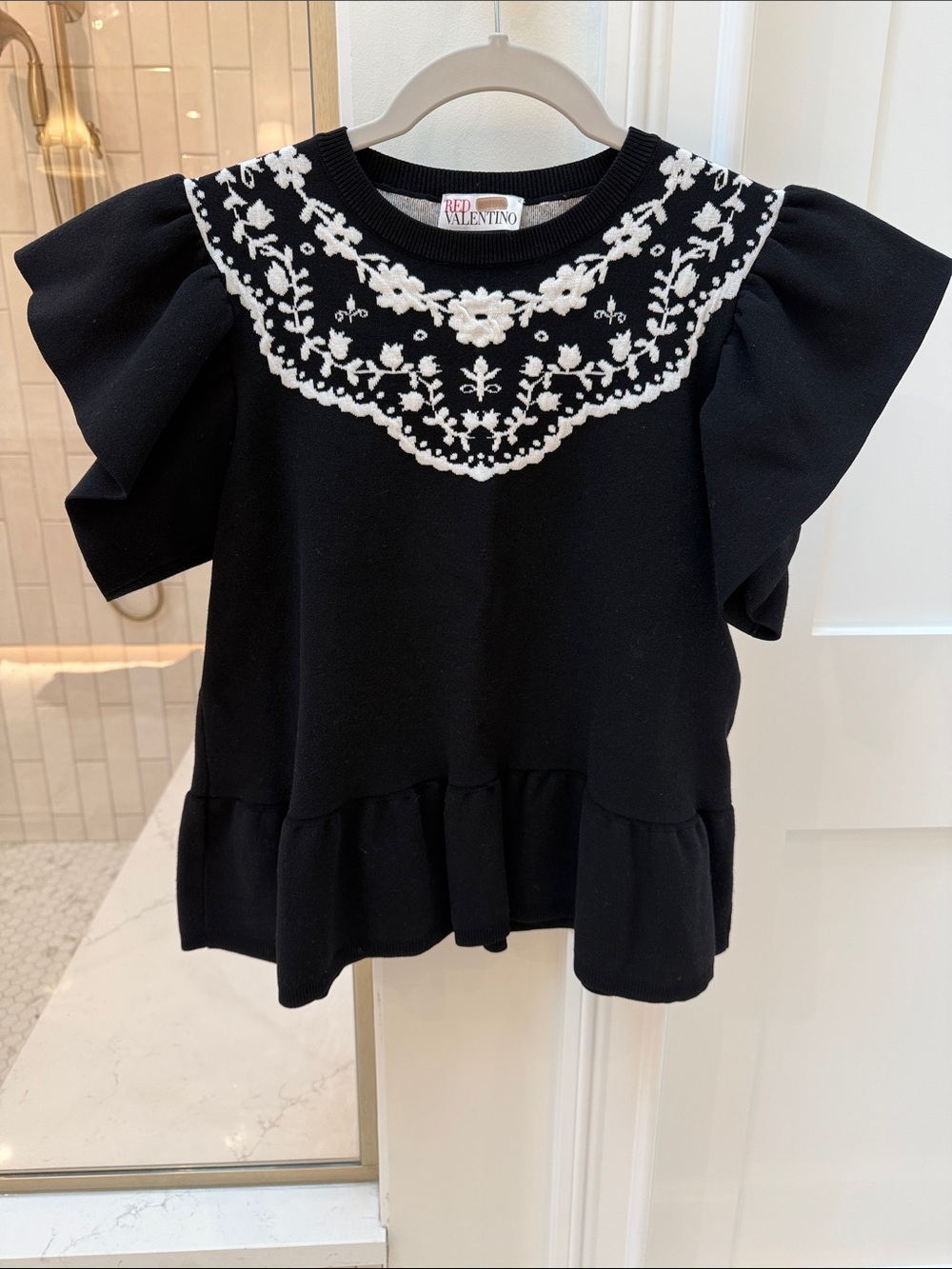 RED Valentino Black Top with White Floral Yoke and Flutter Sleeves